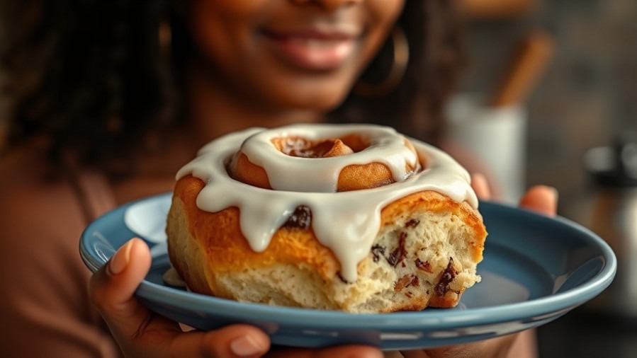 Close-up of a vegan cinnamon roll on a blue plate, showcasing healthy indulgence in plant-based baking.