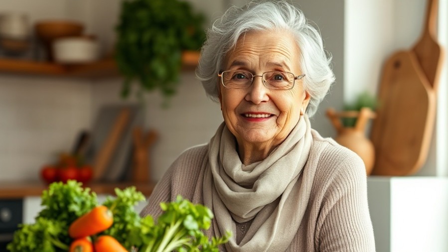 Healthy 89-year-old woman with fresh vegetables, embodying how to eat well.