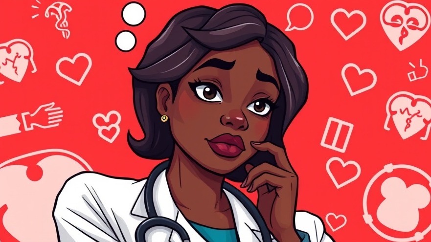 Thoughtful Black female doctor examines organ donation myths on a vibrant red background.