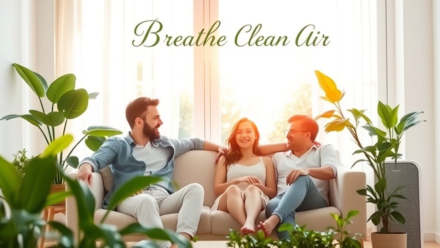 Family enjoying clean air in a serene living room with plants and sunlight.