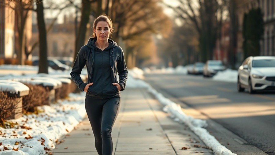 Casually dressed woman interval walking on a snowy urban sidewalk, showcasing health benefits.