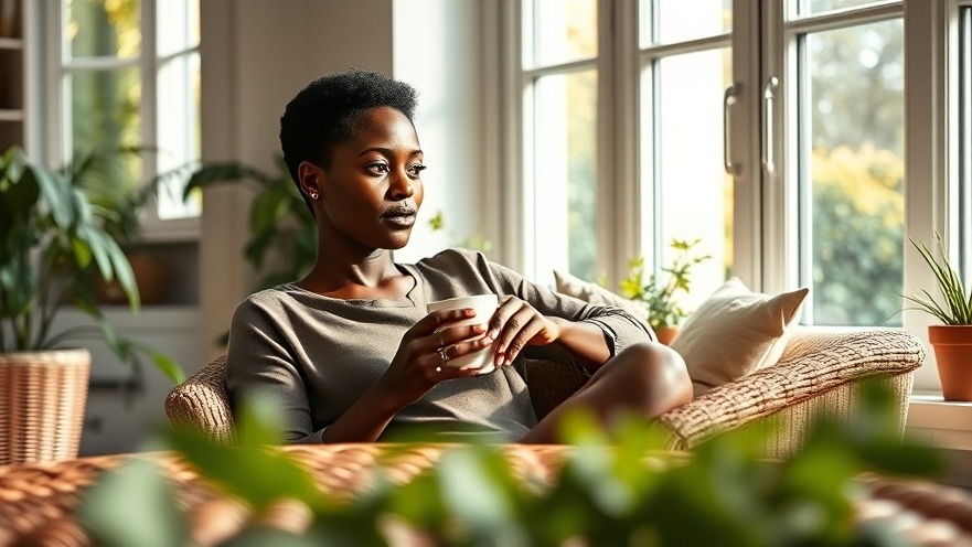 Calm Black woman practicing fall mindfulness with coffee in a sunlit room.