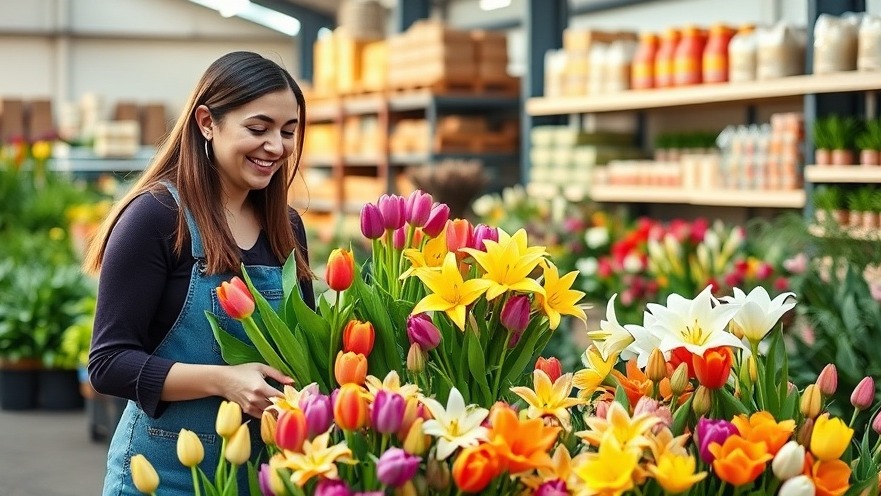 Joyful women using floral arranging tips with vibrant tulips and lilies at a sunlit garden nursery.
