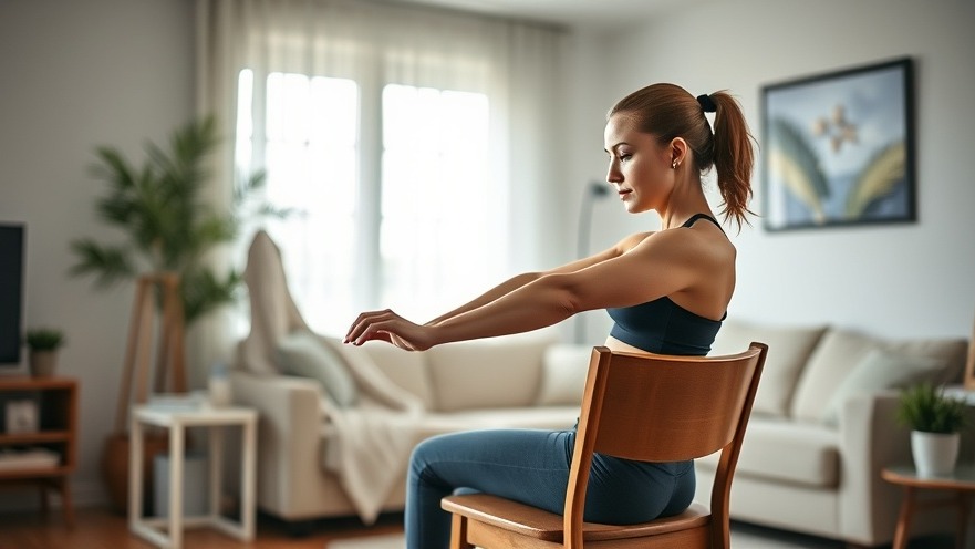 Focused woman doing bodyweight exercises at home using a chair, enhancing fitness and mental health.