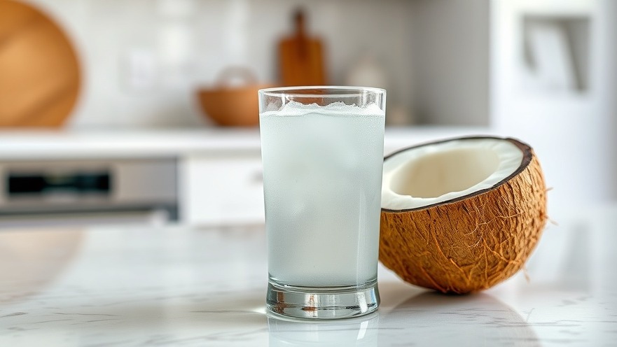 Clear coconut water in a glass beside an open coconut on a kitchen countertop