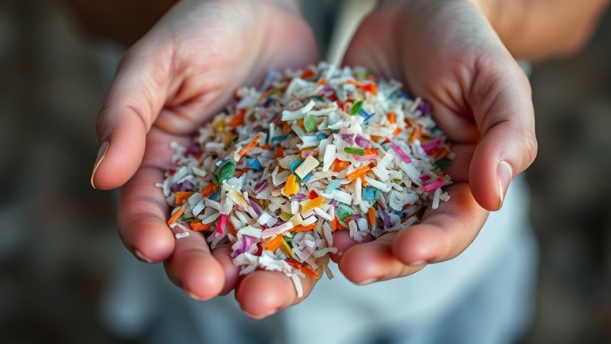 Man holding colorful tiny plastic particles highlighting food contamination and microplastics exposure.