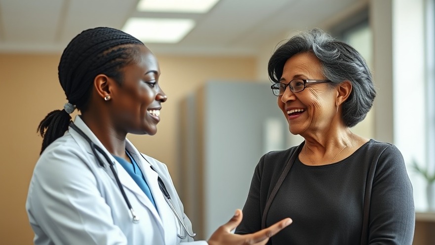 Friendly Black doctor shares brain fog solutions with a mid-aged patient in a bright medical office.