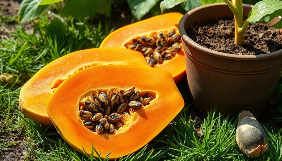 Fresh papaya halves being prepared for planting in a garden.