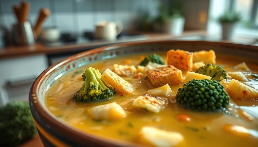 Delicious vegan broccoli cheddar soup with croutons in a bowl.