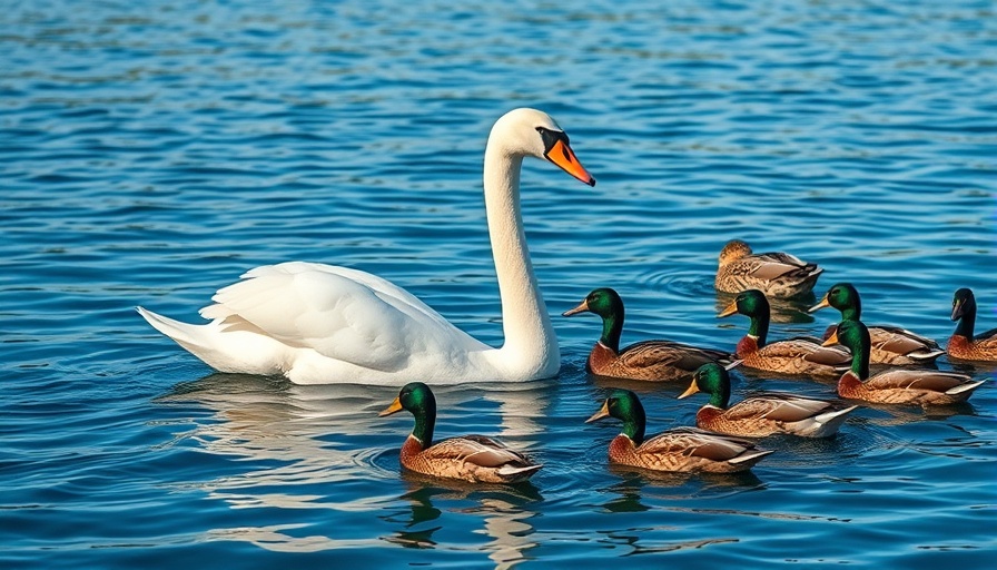Lone swan swimming among ducks, illustrating solo travel vs. group travel.