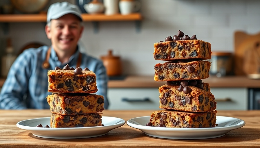 Low-sugar vegan chocolate chip blondies with smiling chef.