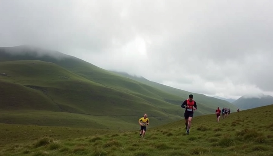 Lake District Ultramarathon runners in lush green hills on cloudy day.