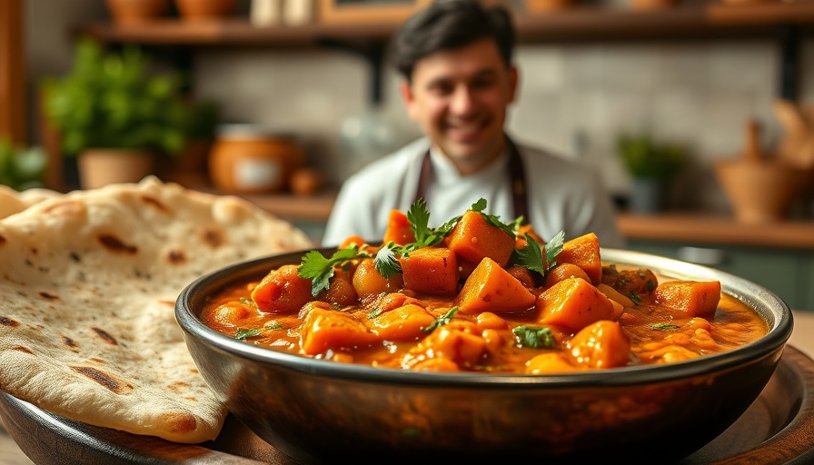 Lentil Chickpea Sweet Potato Curry with naan and smiling chef