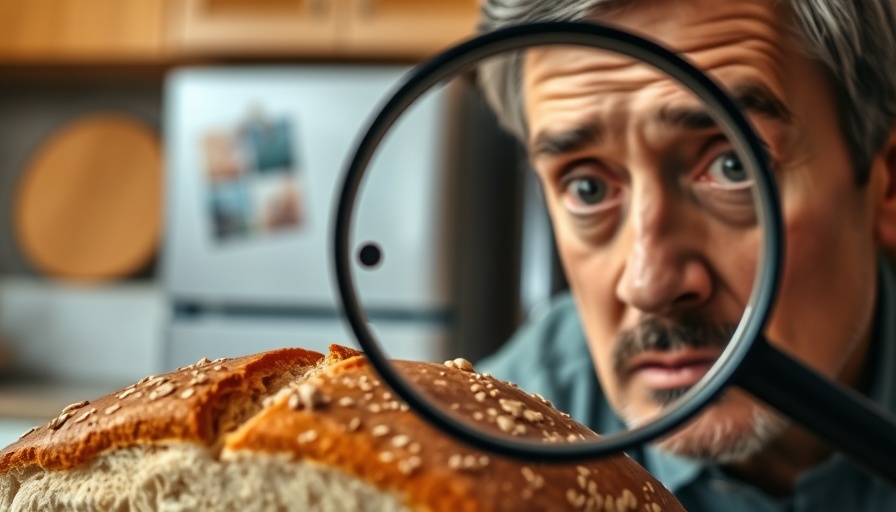 Problem inside bread highlighted by magnifying glass, concerned person observing.