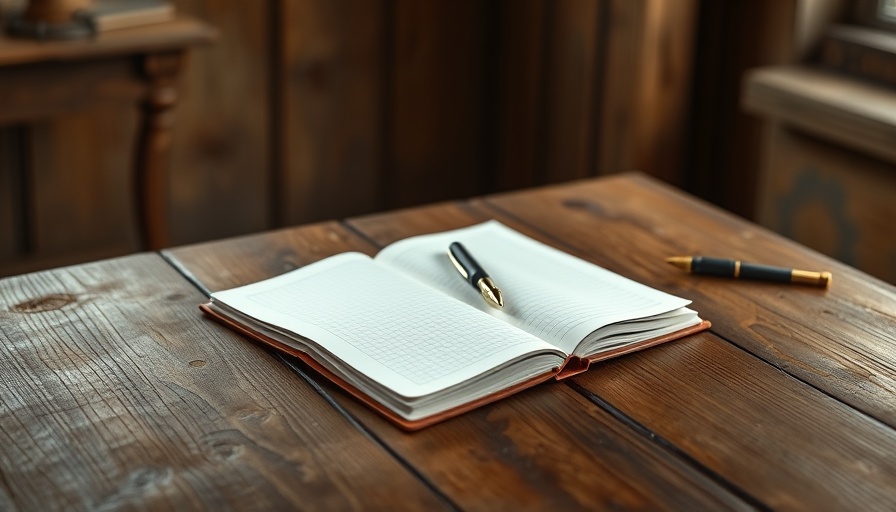 Open notebook and pen on a rustic table, morning writing for mental clarity.