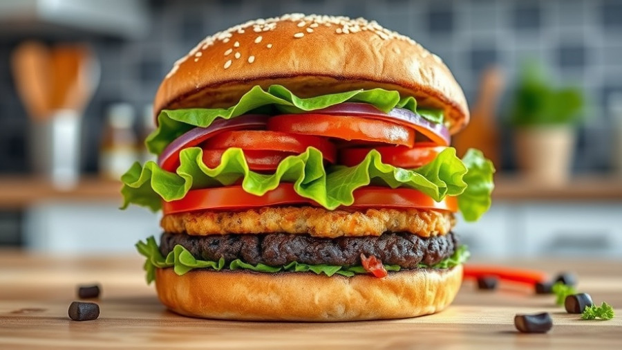 Tasty black bean smash burger with fresh ingredients in a modern kitchen.