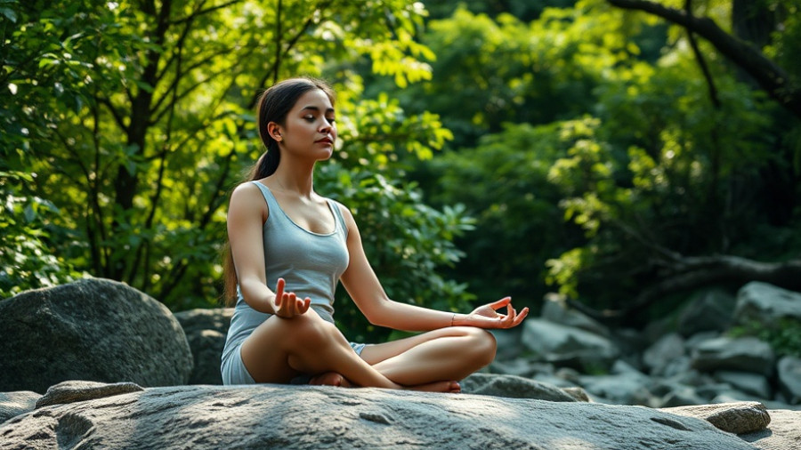Woman meditating outdoors in nature, showcasing wellness.