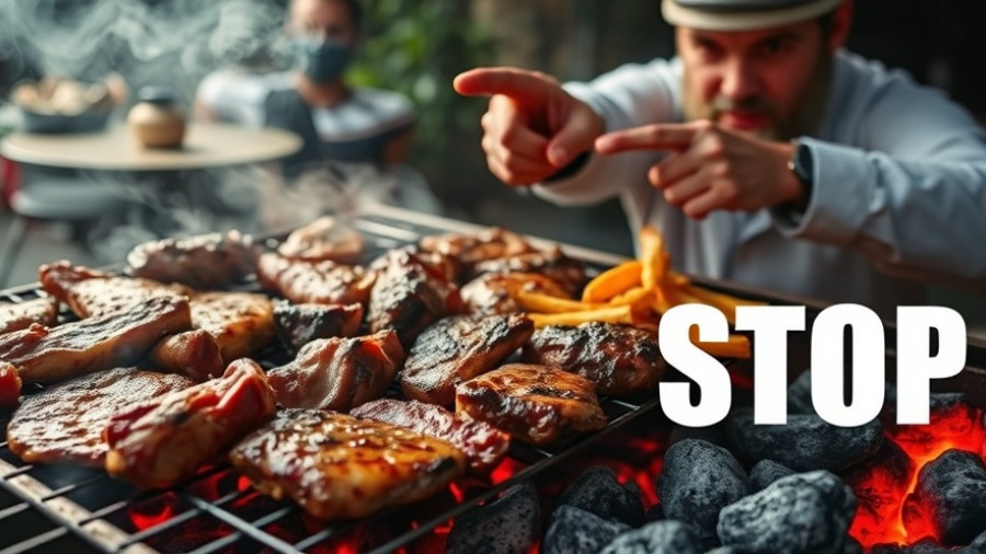 Grilled meats and warning sign 'STOP' addressing grilling meat health risks.