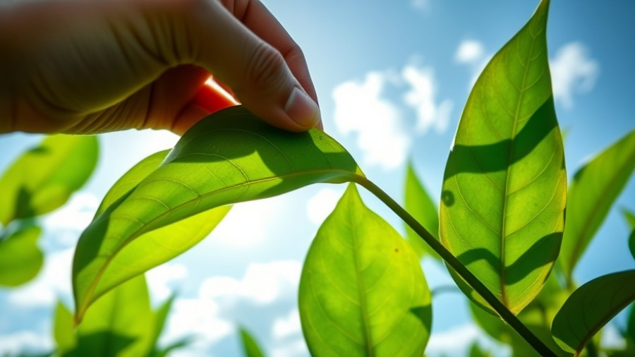 Hands inspecting moringa leaves with a clear sky backdrop.