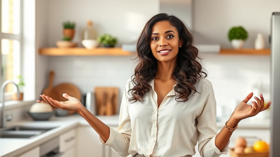 Confident woman in kitchen discussing Nutrition Fails Hair Skin effects