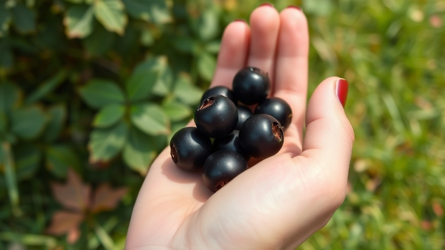 Aunty Desmond Fruit: Hand holding dark berries outdoors.
