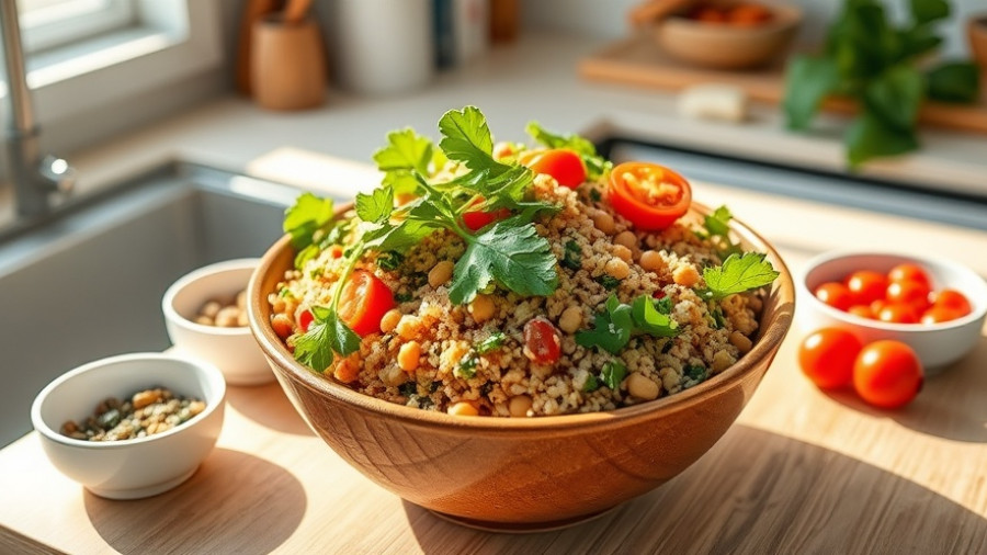 Colorful Mediterranean quinoa bowl with fresh greens and tomatoes.