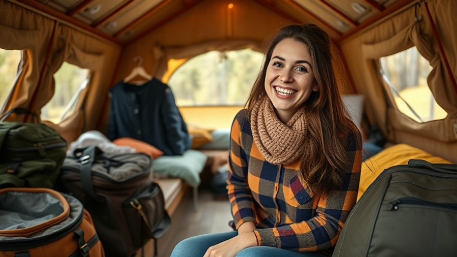 Cheerful woman packed for glamping trip in cabin.