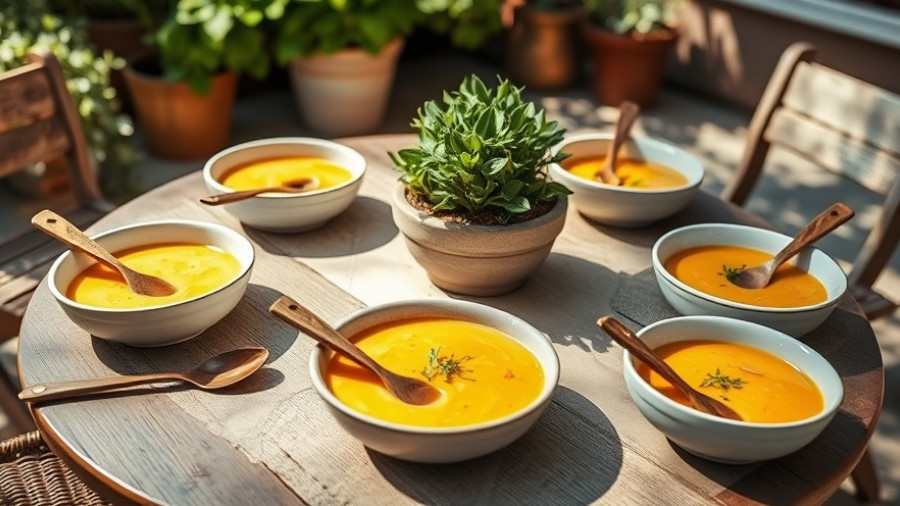 Rustic table setting with creamy soup perfect for soup party ideas.