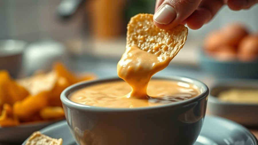 Close-up of dipping nacho in cheese sauce, vibrant colors.