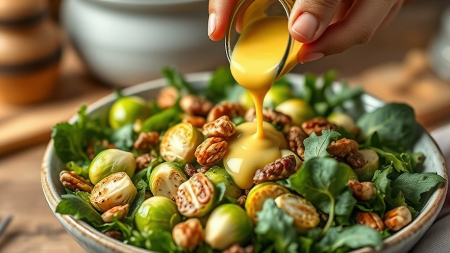 Close-up of dressing being poured on a high fiber salad.