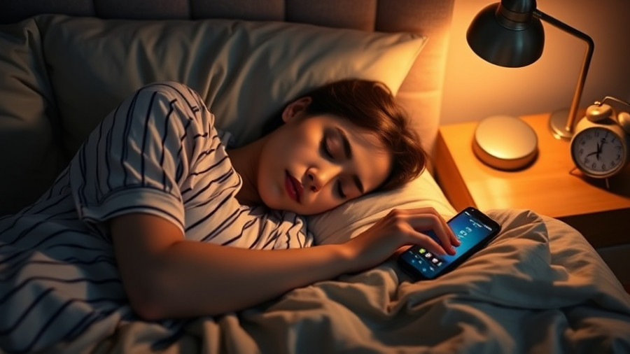 Serene woman practicing winter sleep hygiene with phone alarm.