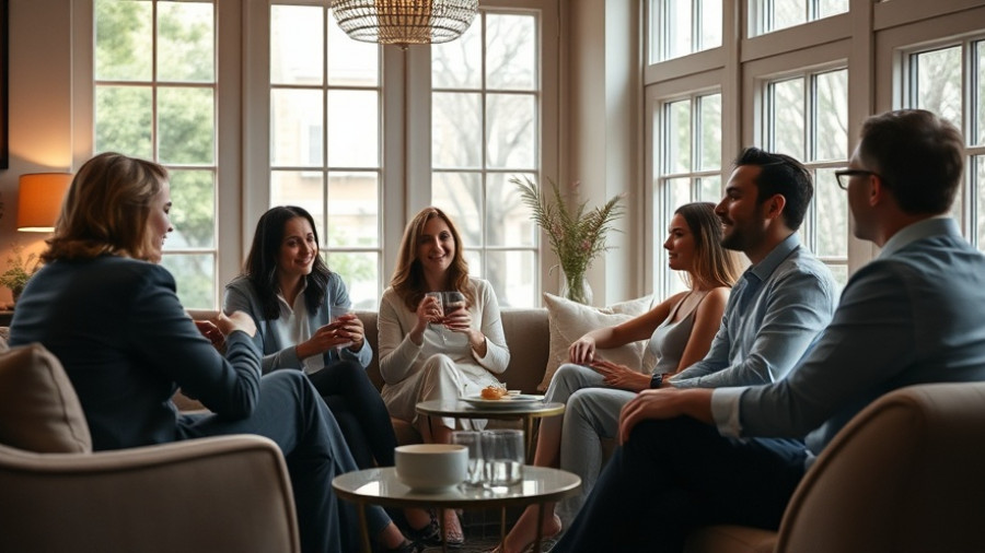Cozy monthly dinner party scene with friends in a stylish living room.
