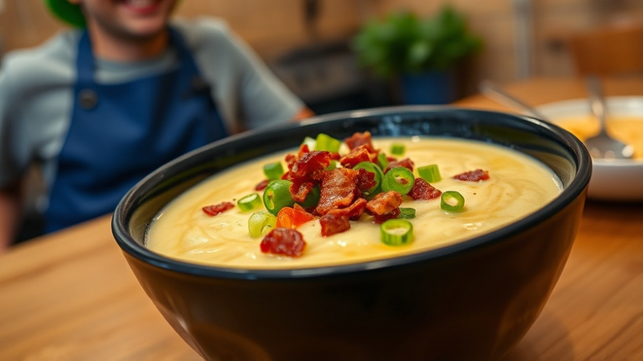 Vegan baked potato soup with toppings in a black bowl.