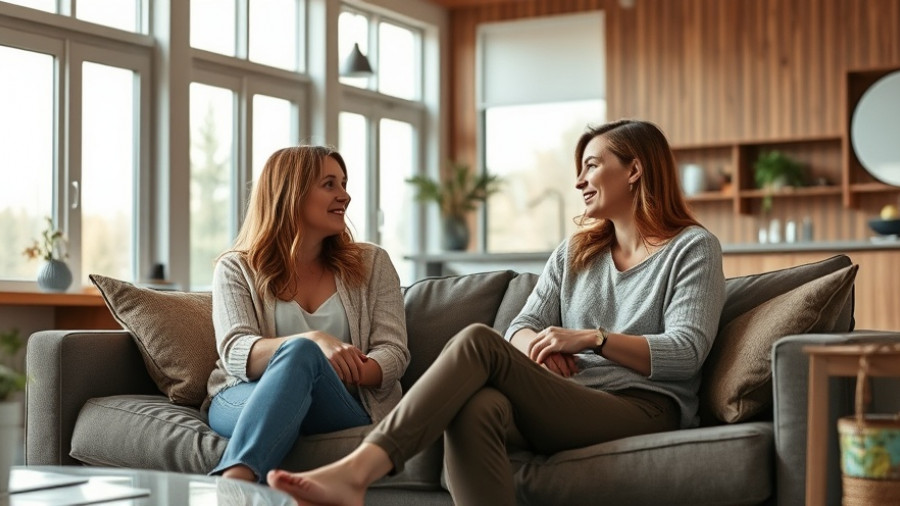 Two women discussing in a modern, sunlit living room.