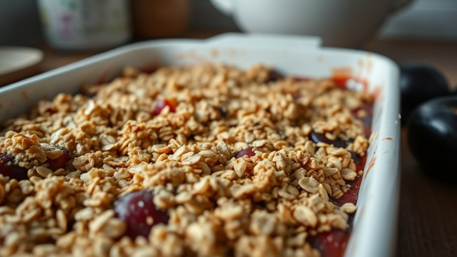 Easy plum crumble recipe in white dish on stovetop.