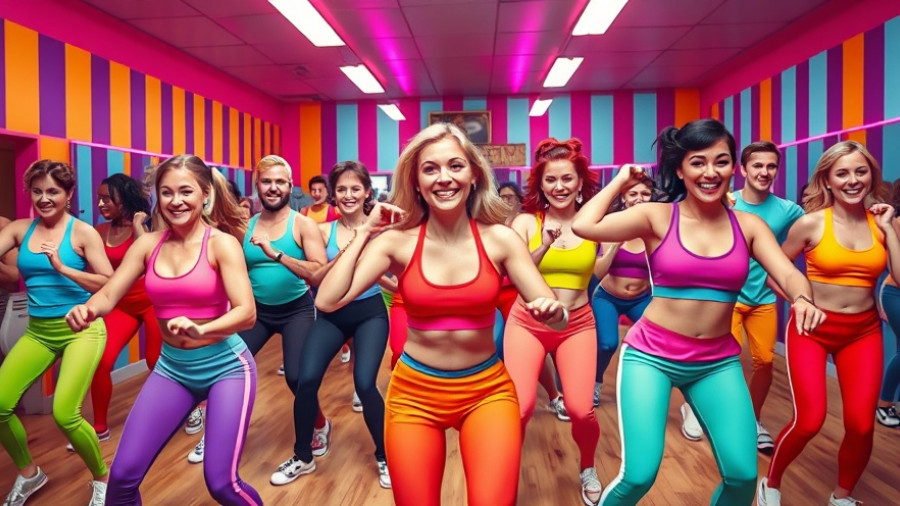 Colorful retro fitness class showcasing benefits of yoga in a dynamic, vibrant setting.