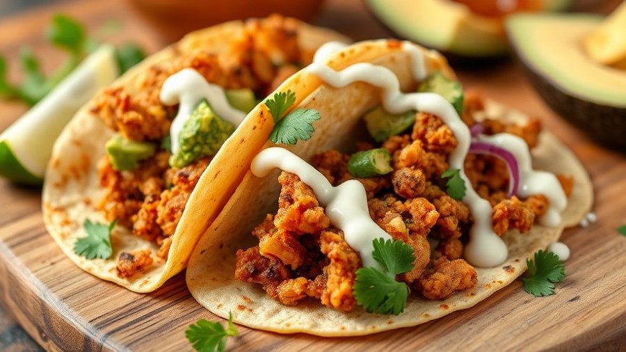 Plant-based tacos with cilantro and guacamole, vibrant food close-up.