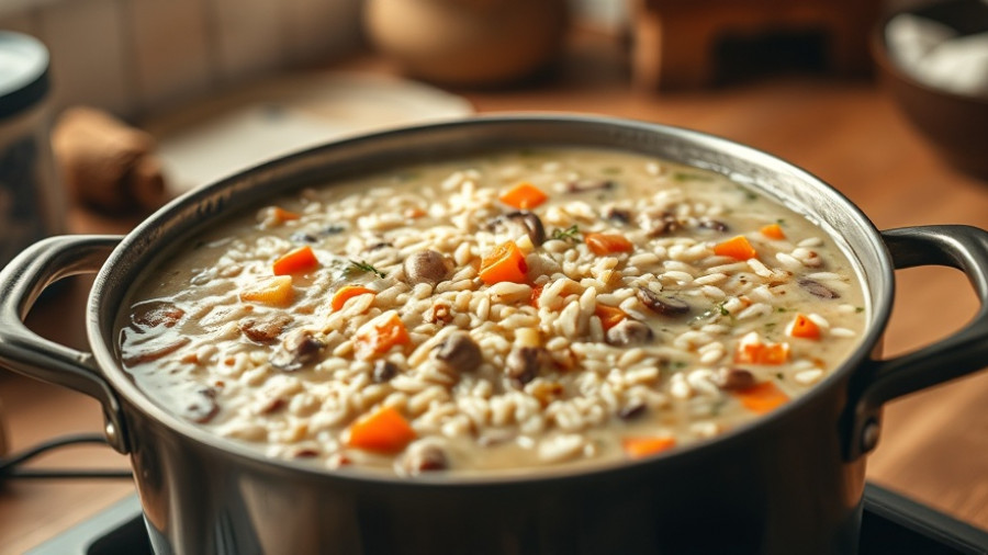 Cozy wild rice soup simmering in a pot, rich flavors and textures.