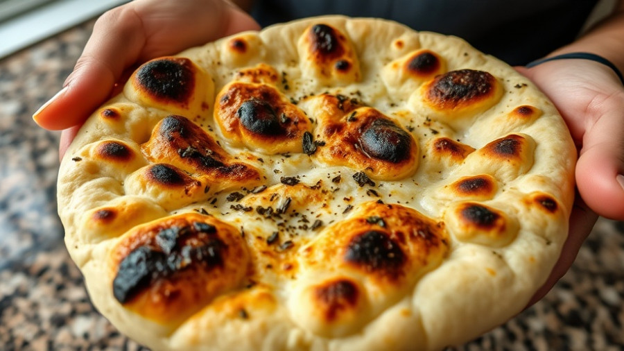 Close-up of homemade vegan naan in hands, kitchen setting.