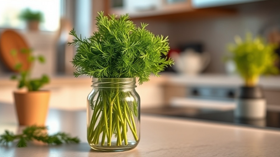 Fresh dill in glass jar on kitchen counter under warm light.