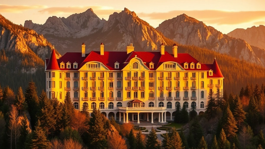 Grand hotel with red roofs in a scenic mountainous setting.