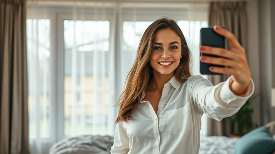 Woman wearing white button-down shirt taking a selfie in a bright bedroom.