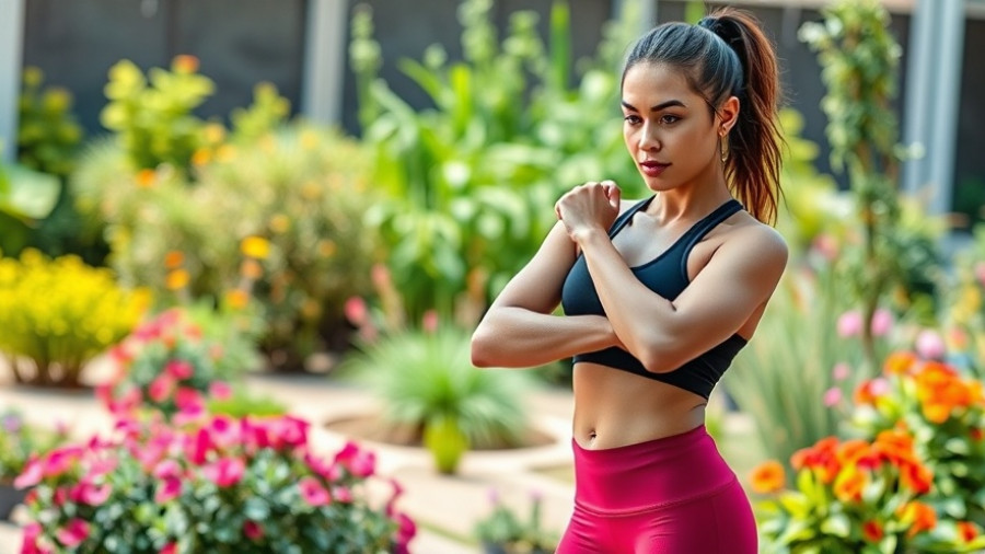 Fit woman in garden preparing to work out on empty stomach.