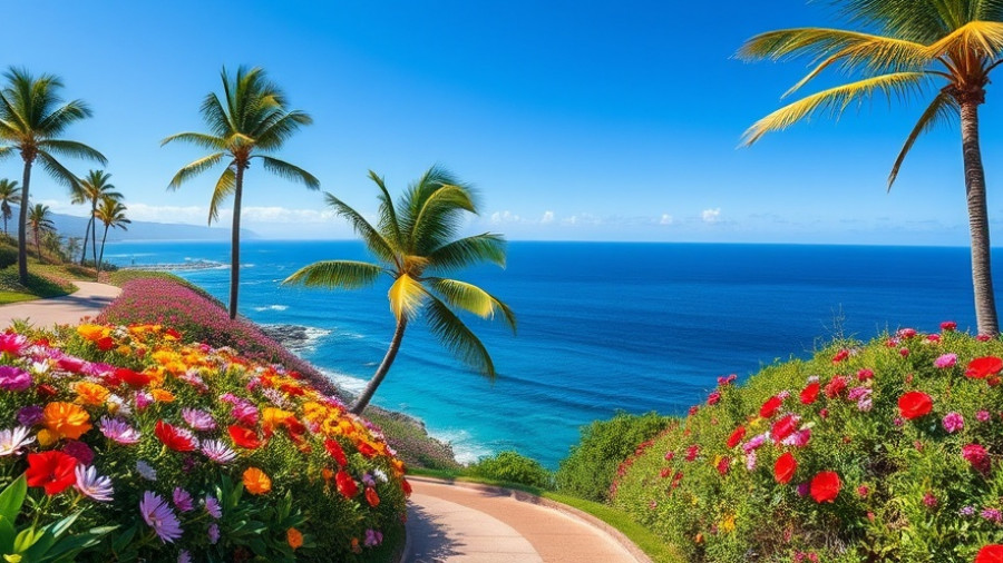 Scenic view of vibrant flowers and palm trees at a wellness retreat in Santa Barbara.