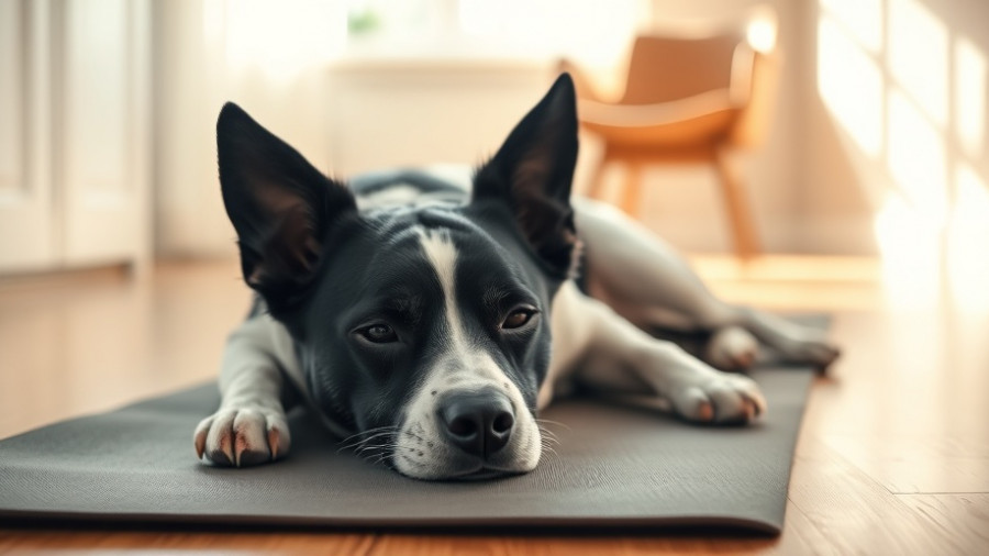 Calm dog resting on yoga mat, serene yoga scene, benefits of yoga.