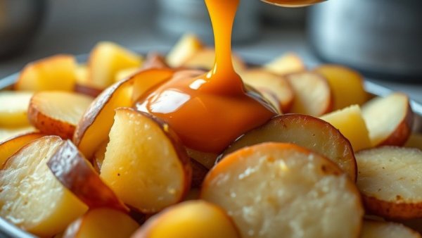 No-Cheese Au Gratin Potatoes with sauce being poured.
