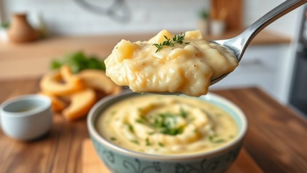 Rich vegan baked potato soup with toppings in a modern bowl.