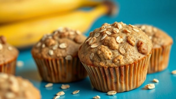 Close-up view of healthy banana oatmeal muffins with oats and bananas in the back.