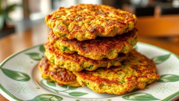 Golden brown broccoli fritters recipe on a patterned plate.