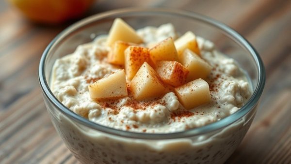Healthy apple cinnamon overnight oats with apple chunks and cinnamon.